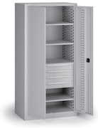 Szafa warsztatowa na narzędzia KOVOS, 4 półki, 4 szuflady, perforowana, 950 x 600 x 1950 mm, szary