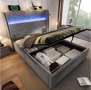 Łóżko dziecięce z pojemnikiem 90x200 cm z portem USB i LED, zagłówek wyściełany - len szary (bez materaca)