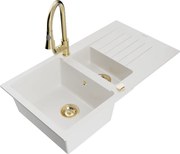 Mexen Matias zlewozmywak granitowy 1,5-komorowy z ociekaczem i baterią kuchenną Elia, biały - 6502-20-670101-50