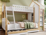 Łóżko piętrowe 90x200cm + 140x200cm - z drabiną - 2 szuflady - z półką - biały + naturalny (materac nie jest w zestawie)