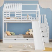 Łóżko piętrowe dla dzieci ze schodkami do przechowywania i zjeżdżalnią - 90 x 200 cm*2 - z barierką zabezpieczającą i szufladą - sosna i MDF - białe
