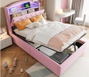 Łóżko dziecięce 90x200cm - Welur - z LED - z USB - różowe (materac nie jest w zestawie)