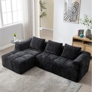 Sofa w kształcie litery L, czarna szenilowa, sofa trzyosobowa z podłokietnikami i poduszkami, odpowiednia do salonu i biura