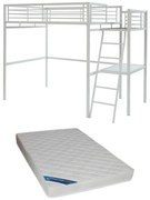 Łóżko z antresolą CASUAL II – 140 × 190 cm – blat biurka – kolor biały, w zestawie z materacem