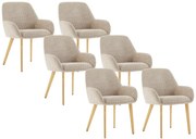 Zestaw 6 krzeseł z podłokietnikami z tkaniny z bukli i drewna kauczukowego - Taupe i jasny naturalny - VALENYO