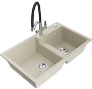 Mexen Tomas zlewozmywak granitowy 2-komorowy z baterią kuchenną Duo, beżowy - 6516-69-671701-07