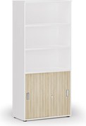 Szafa biurowa kombinowana PRIMO WHITE, drzwi przesuwne na 2 poziomach, 800 x 420 x 1781 mm, biały/dąb naturalny