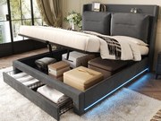 Łóżko z tapicerowanym welurem - 160x200 cm - 2 szuflady na końcu łóżka - wbudowana taśma LED w nogach łóżka - Szary (bez materaca)