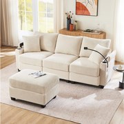 Sofa 3-osobowa, narożnik z portem USB, uchwytem na telefon i uchwytem na kubek - beżowy sztruks