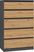 Komoda Malwa M5 | Antracyt/Dąb Artisan | 70x40x109,5 cm | Komoda z 5 Szufladami