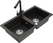 Mexen Mario zlewozmywak granitowy 2-komorowy z baterią kuchenną Duero, czarny/złoty metalik - 6504-75-671600-70