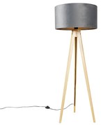 Lampa podłogowa drewniana z szarym abażurem z tkaniny 50 cm - Tripod Classic Nowoczesny Oswietlenie wewnetrzne