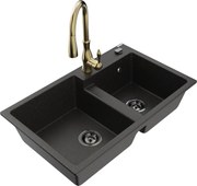 Mexen Tomas zlewozmywak granitowy 2-komorowy z baterią kuchenną Savita, czarny/złoty metalik - 6516-75-672601-50-B