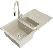 Mexen Matias zlewozmywak granitowy 1,5-komorowy z ociekaczem i baterią kuchenną Savita, beżowy - 6502-69-672601-69