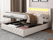 Łóżko z tapicerowanym zagłówkiem z ekoskóry z LED - 160x200cm - z stelażem na listwach - Białe