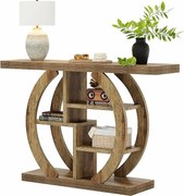 Konsola 4-poziomowa, 108 cm, z okrągłą podstawą, drewniana z półkami, do salonu, przedpokoju, jasnego dębu