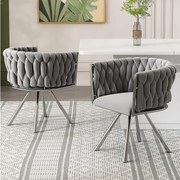 Zestaw 2 szarych, welurowych krzeseł z tapicerowanymi oparciami i srebrnymi, metalowymi nogami – do jadalni i salonów