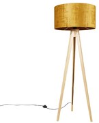 Lampa podłogowa drewniana z abażurem z tkaniny w kolorze złotym 50 cm - Tripod Classic Nowoczesny Oswietlenie wewnetrzne
