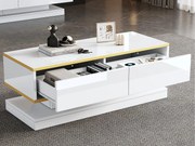 Stolik kawowy wysokiego połysku 100×50×38 cm - 2 szuflady - wykończenie złote - płyta wiórowa - biały