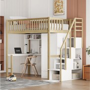 Łóżko piętrowe 90 x 200 cm z dużą szafą, biurkiem, regałem, schodami i szufladami, all-in-one, drewno MDF, biały + dąb