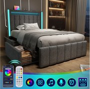 Łóżko z szufladami 90x200 cm, len szary, Łóżko dla nastolatków z ładowaniem USB i diodą LED, 2 szuflady, bez materaca