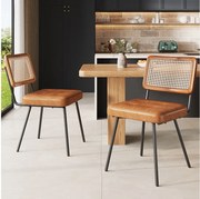 Krzesło do jadalni Lot de 2 z rattanowym oparciem i czarnymi metalowymi nogami – brązowy poliuretan