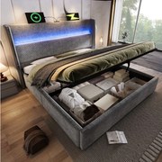 Łóżko z pojemnikiem 160x200 cm Łóżko dla dorosłych z USB i LED, tapicerowany zagłówek - szary len (bez materaca)