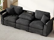 Kanapa 3-miejscowa nowoczesna - z poduszkami i stolikiem składanym - zawiera porty USB i uchwyt na napoje - tkanina typu chenille - szary