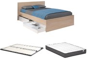 Łóżko z 2 szufladami 140 x 190 cm - Naturalny i biały z połyskiem + Stelaż + Materac - VELONA