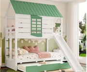 Łóżko piętrowe dla dzieci 90x200 cm - ze zjeżdżalnią i wysuwanym łóżkiem - białe + zielone (bez materaca)