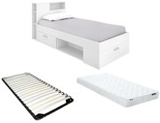 Łóżko LEANDRE z zagłówkiem, ze skrzynią i szufladą – 90 × 190 cm – Biały + materac + stelaże - LEANDRE