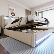 Podwójne tapicerowane łóżko ze schowkiem - 180 x 200 cm - z diodami LED + USB + zagłówek ze schowkiem - len + metal + sklejka + MDF - beżowy