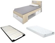 Łóżko LEANDRE z zagłówkiem, ze skrzynią i szufladą – 90 × 190 cm – kolor biały i naturalny, materac i stelaż w zestawie