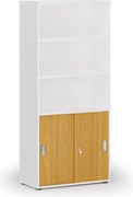 Szafa biurowa kombinowana PRIMO WHITE, drzwi przesuwne na 2 poziomach, 800 x 420 x 1781 mm, biały/buk