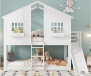 Łóżko piętrowe z litego drewna z drabinką i zjeżdżalnią - 90x200 cm - Białe
