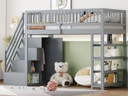 Łóżko mezzanine 90x200 cm - z półkami i drabiną do przechowywania - z litego drewna - Szare