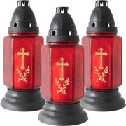 Szklany lampion na świecę, czerwony, złoty krzyż, 22 cm 3szt