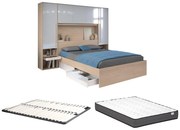 Łóżko z zabudową i schowkami 160 x 200 cm - z oświetleniem LED - Naturalny i biały z połyskiem + Stelaż + Materac - VELONA