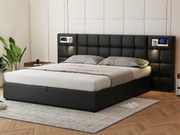 Łóżko 180x200cm z tkaniny sztucznej skóry - z portem USB, ładowaniem bezprzewodowym i LED - z stelażem na listwach - Czarny