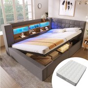 Sofa tapicerowana z funkcją spania - 140 x 200 cm - z oświetleniem LED + schowek hydrauliczny + zagłówek w kształcie - len - szary (z materacem)