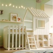 Łóżko dziecięce kabinowe - 90 x 200 - z dachem + okno + schowek + drabinka - Sosna + sklejka + MDF - białe