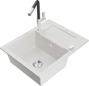 Mexen Enzo zlewozmywak granitowy 1-komorowy z ociekaczem i baterią kuchenną Flora, biały - 6506-20-670401-07