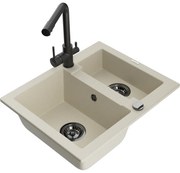 Mexen Carlos zlewozmywak granitowy 1,5-komorowy z baterią kuchenną Duero, beżowy - 6518-69-671600-70