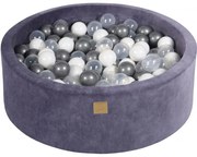 Okrągły Suchy Basen Dla Dziecka 90x30cm/200 Piłek 7cm, Welurowy, Szaroniebieski, Piłki: Biała Perła, Transparentne, Srebrne - Meowbaby®