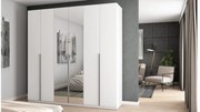 Szafa 6 drzwiowa z lustrem otwierana 240 x 240 cm – biała ze srebrnymi uchwytami