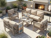 Salon Ogrodowy 7 Osób ze Stolikiem Kawowym ze Szkła - Zestaw Kanap i Foteli z Plecionego Sznurka Teslin - Stal Ocynkowana - Khaki