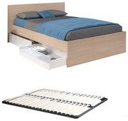 Łóżko z 2 szufladami 140 x 190 cm - Kolory: Naturalny i biały z połyskiem + stelaż - VELONA