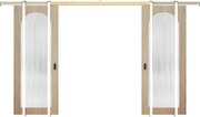 Drzwi podwójne przesuwne z systemem chowanym w ścianie z drewna i MDF - łuk naturalny jasny i hartowane szkło ryflowane - 2 x W205 x Szer93 cm - ODEZA