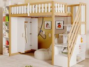 Łóżko drewniane na antresoli 90x200cm - z szafą, półkami i schodami do przechowywania - Białe