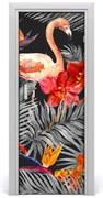 Naklejka samoprzylepna na drzwi Flamingi i kwiaty
